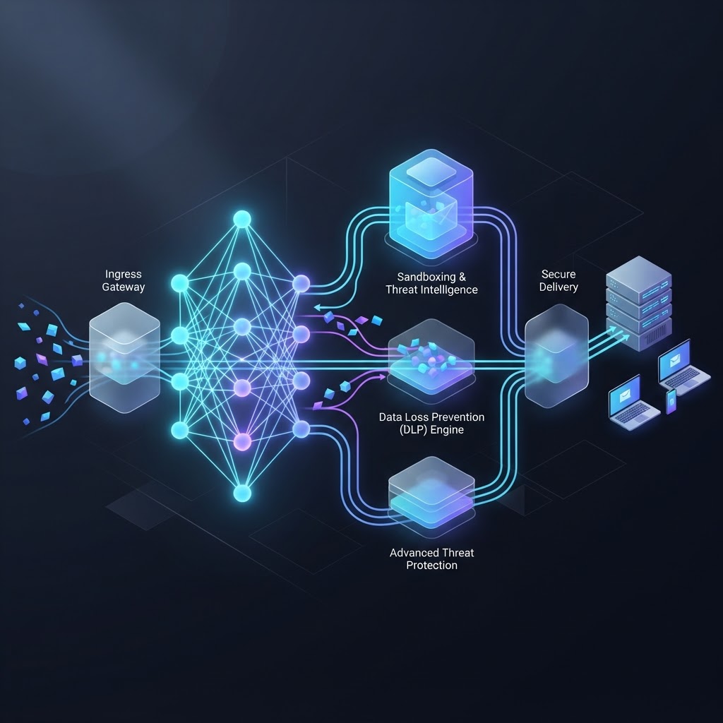 Architekturdiagramm einer Defensive-KI, die eingehende Datenpakete in Echtzeit scannt und bösartige Payloads filtert.