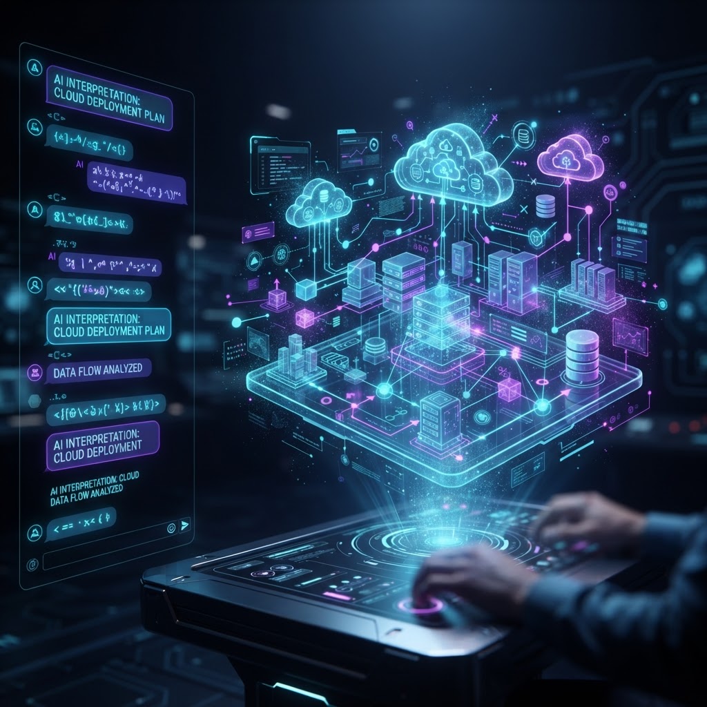 KI-Dashboard, das textuelle Chat-Eingaben in komplexe Cloud-Netzwerk-Diagramme übersetzt.