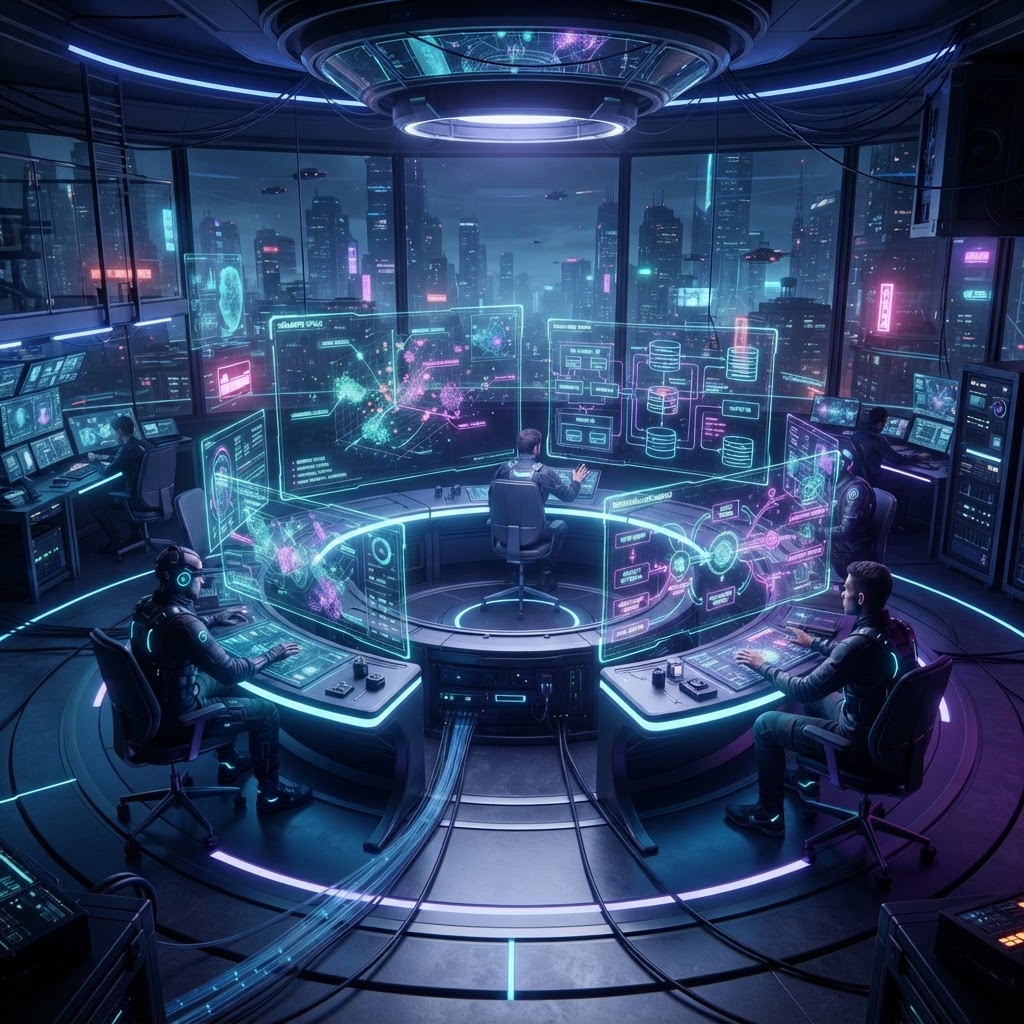 Holografische Darstellung einer Vektordatenbank und RAG-Pipeline in einem hochmodernen Kontrollzentrum.