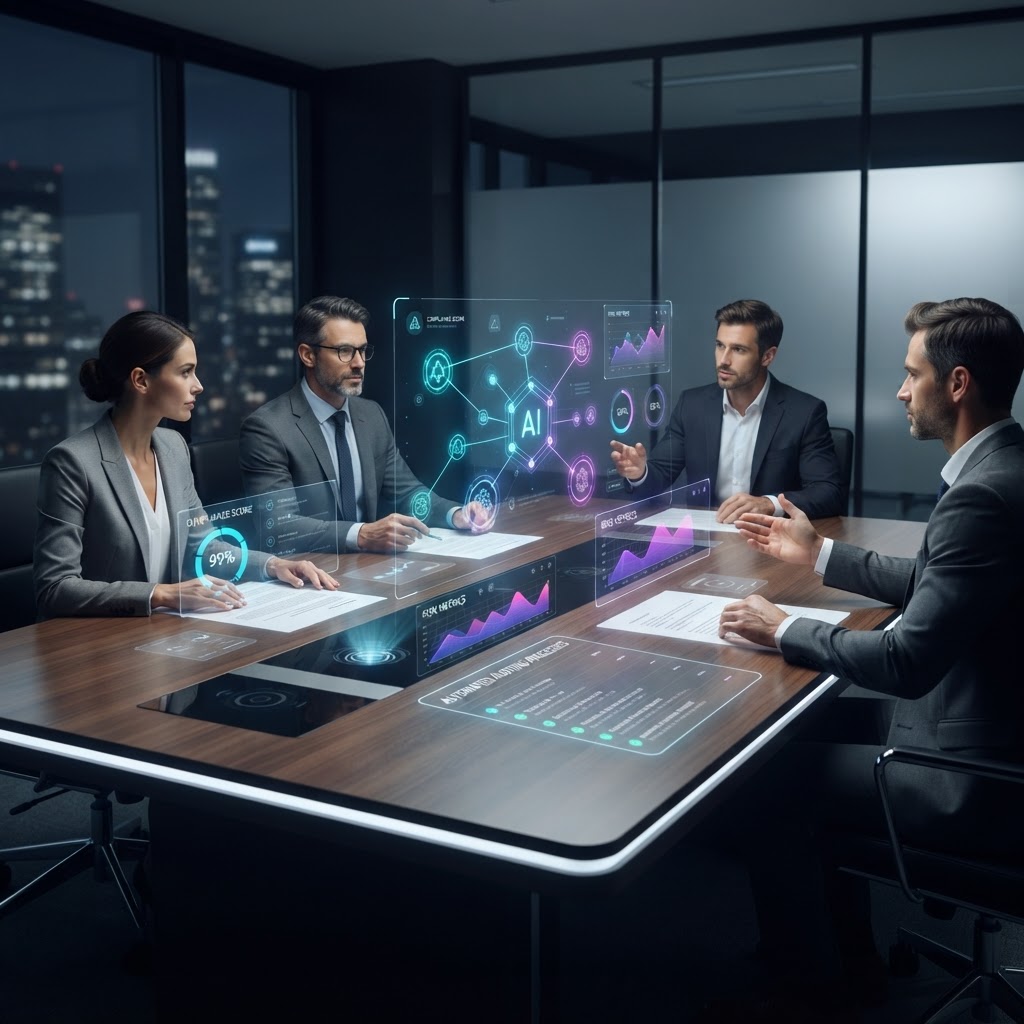 Digitale Compliance-Metriken und Risikobewertungen der KI-Nutzung auf einem modernen, holografischen Dashboard im Konferenzraum.