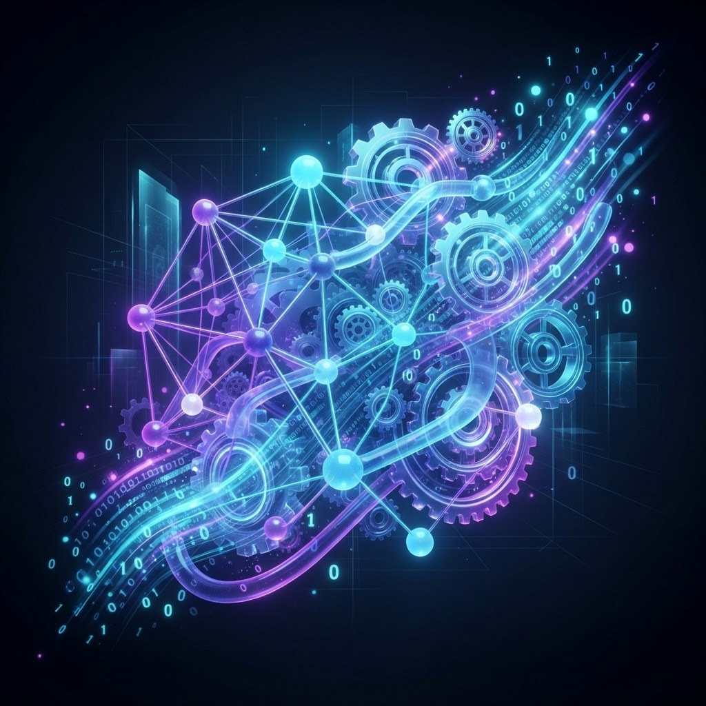 Abstrakte Visualisierung einer komplexen Enterprise-KI-Architektur und Datenintegration.