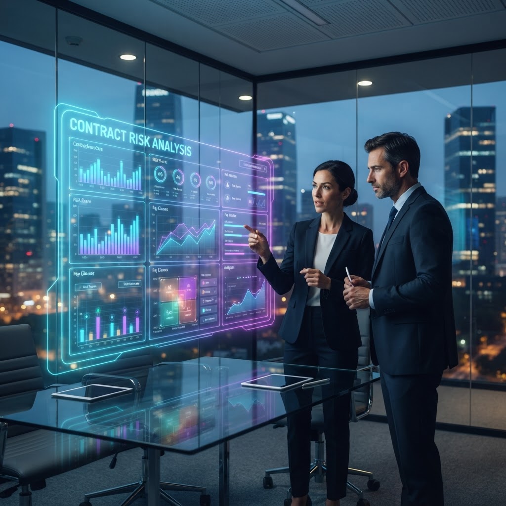 Juristen analysieren Vertragsrisiken auf einem hochmodernen KI-Dashboard