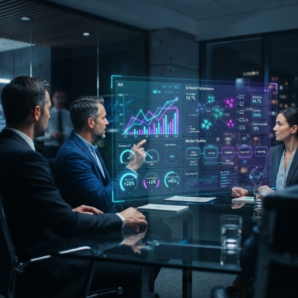 Holographisches Dashboard in einem Konferenzraum, das komplexe ROI-Kennzahlen der KI-Skalierung zeigt.