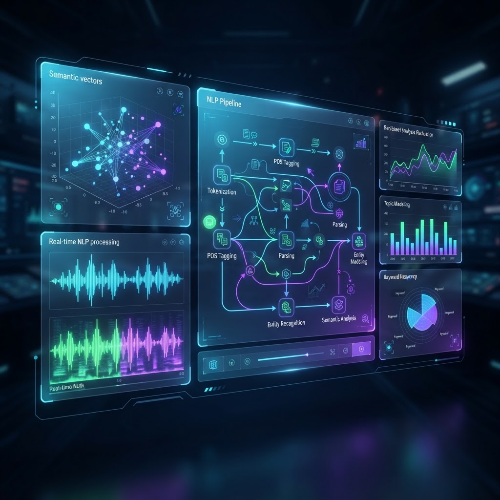 Ein futuristisches Dashboard, das Vektordatenbak-Analysen und semantische SEO-Metriken visualisiert.