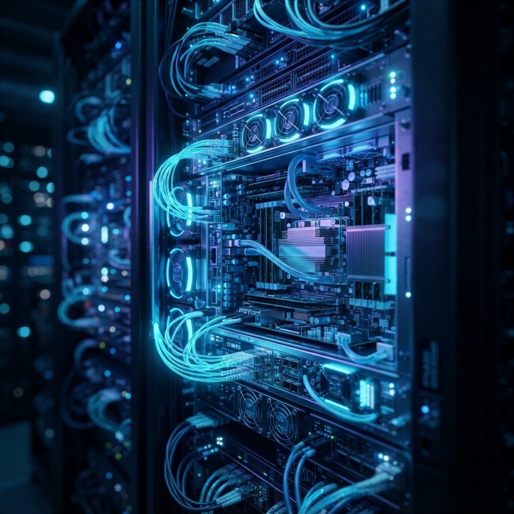 Futuristische Server-Racks in einem Rechenzentrum, die effizientes Self-Hosting von Open Source KI-Modellen visualisieren