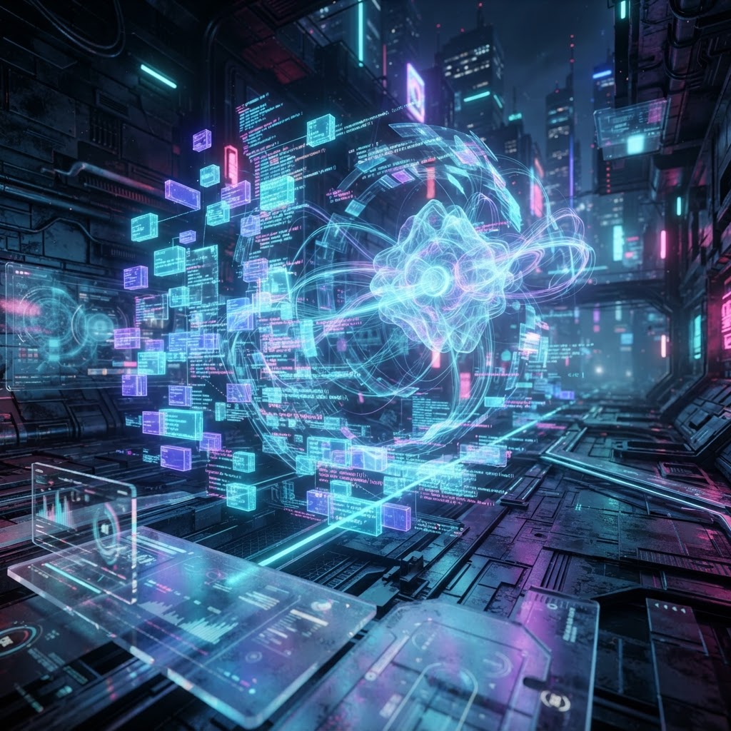 Futuristische Darstellung von Code-Strukturierung durch künstliche Intelligenz in Blau- und Lilanuancen