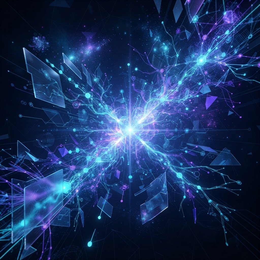 Abstrakte Darstellung der Generierung synthetischer Daten durch KI-Netzwerke in leuchtendem Blau und Violett.