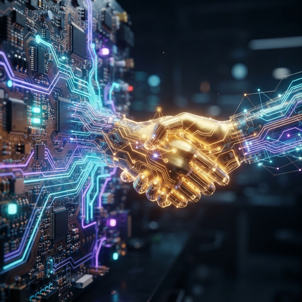 Goldener Handschlag aus Platinen als Symbol für M&A-Deals im KI-Markt