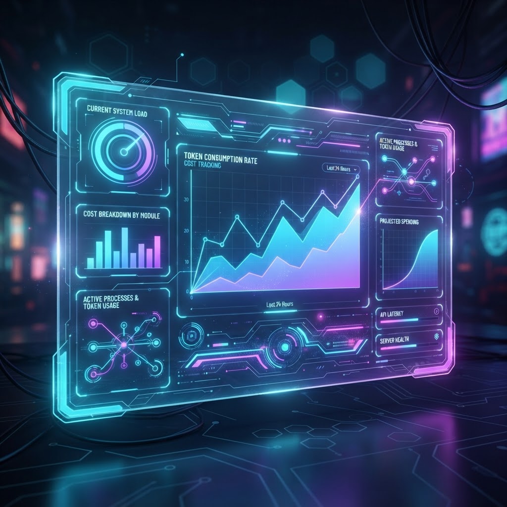 Futuristisches Dashboard zur Echtzeit-Überwachung von Token-Verbrauch und Inferenzkosten