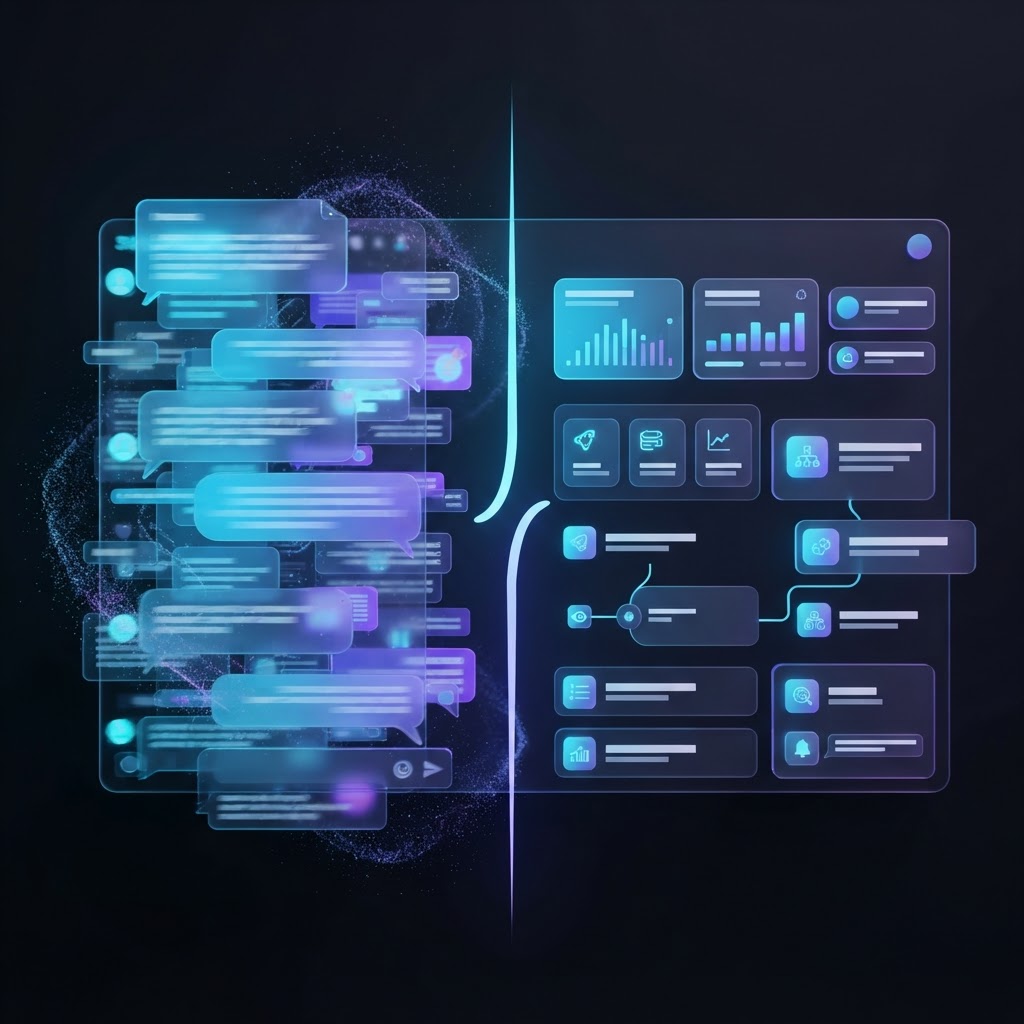 Vergleich zwischen einem überladenen Chat-Interface und einem nahtlos integrierten KI-Dashboard
