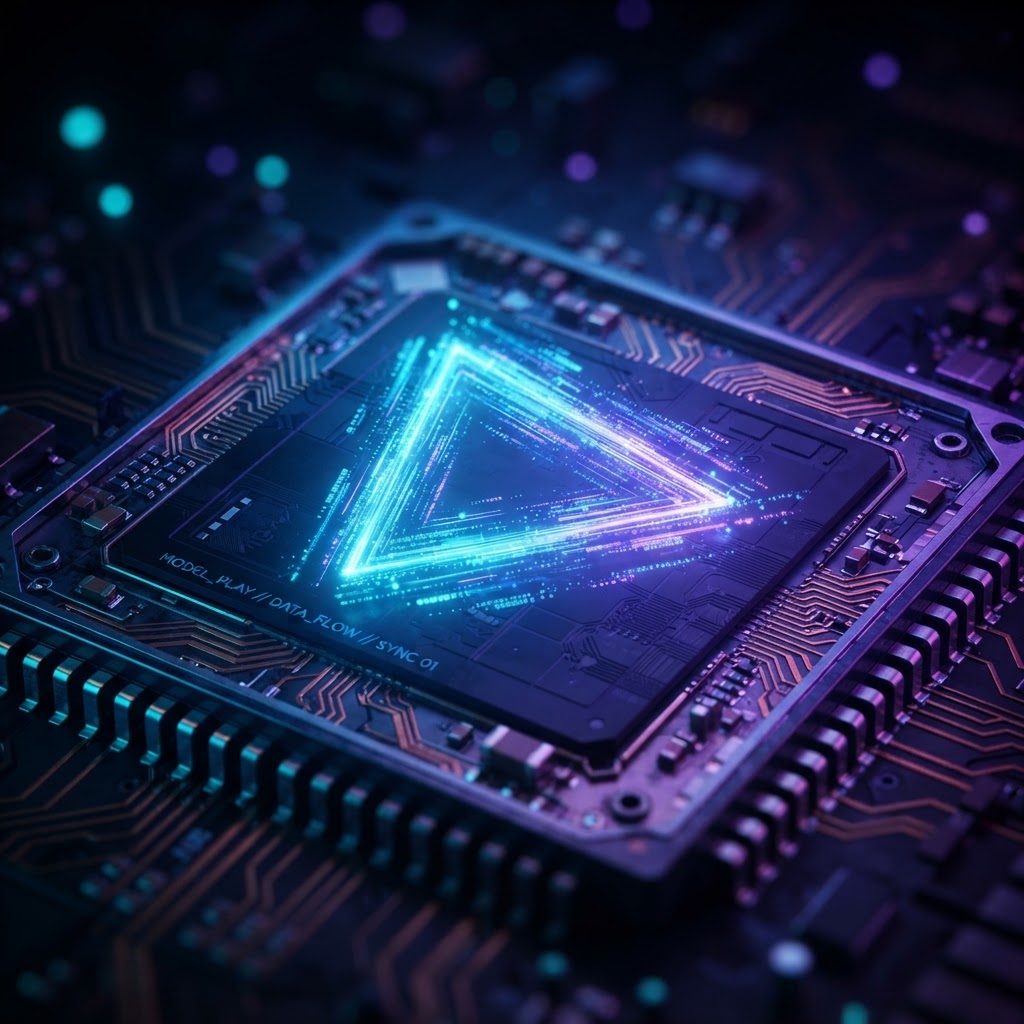 Ein glühender Mikrochip, dessen Datenströme einen Play-Button formen, als Symbol für automatisierte Video-APIs.
