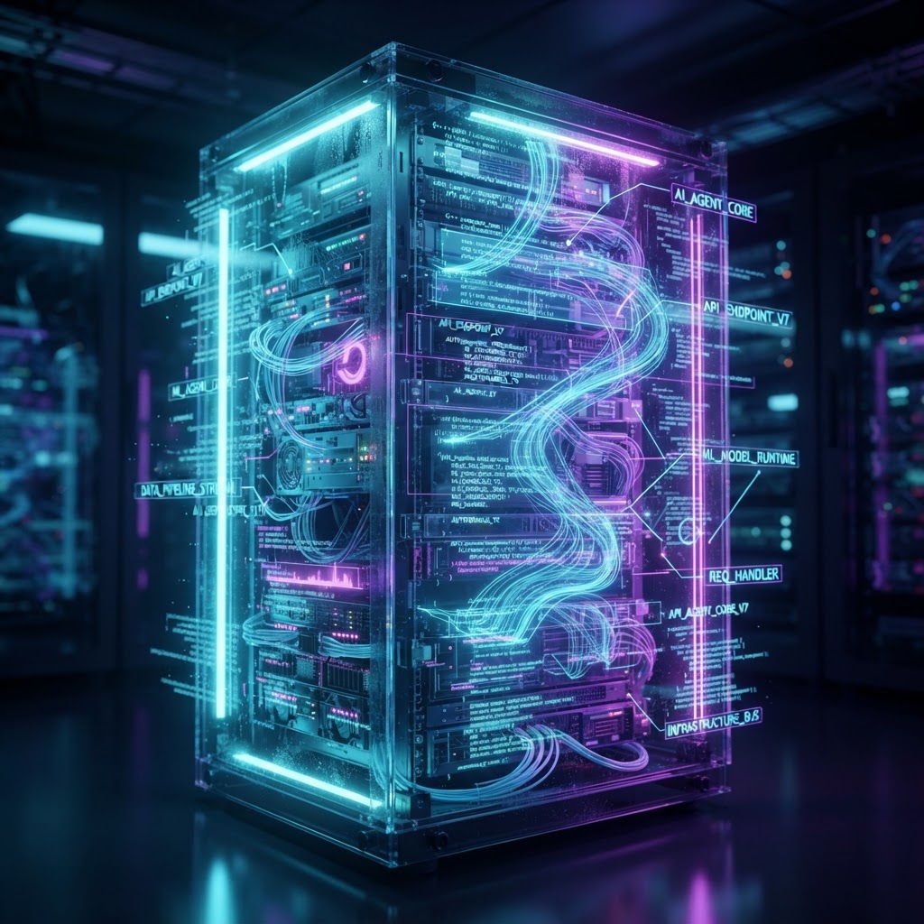 Hochtechnologische Serverinfrastruktur als Symbol für API-First Architektur und belastbare Datenpipelines für KI-Systeme.