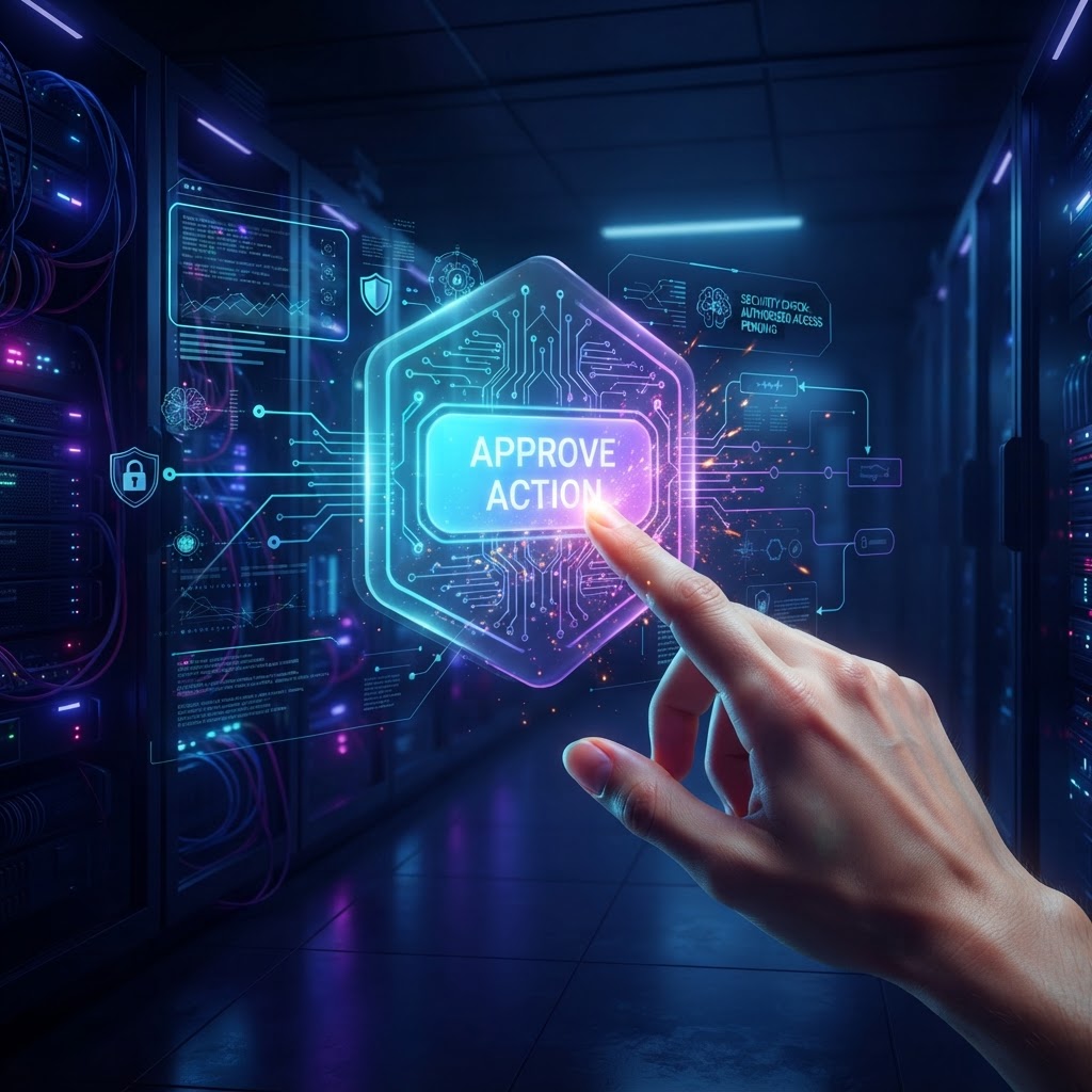 Cybersecurity-Konzept eines Human-in-the-loop-Workflows, bei dem ein Mensch eine kritische KI-Aktion über ein holografisches Interface genehmigt.