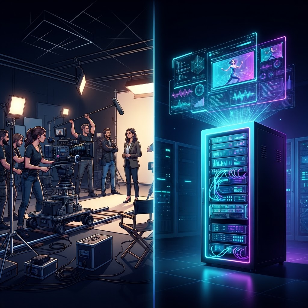 Vergleich zwischen einem traditionellen Filmset und serverbasierter Video-Generierung durch KI