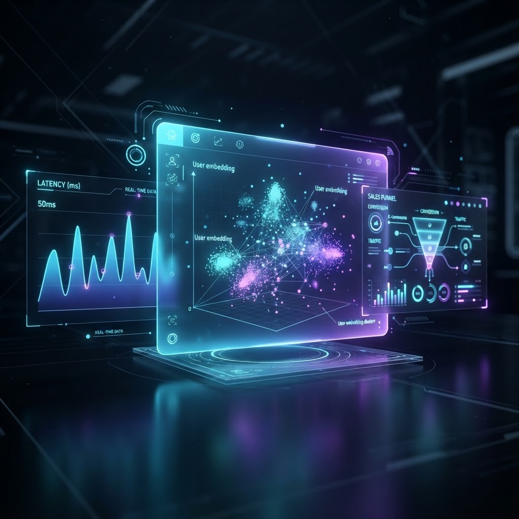 Dashboard-Visualisierung von Echtzeit-KI-Metriken und User-Embedding-Clustern im E-Commerce