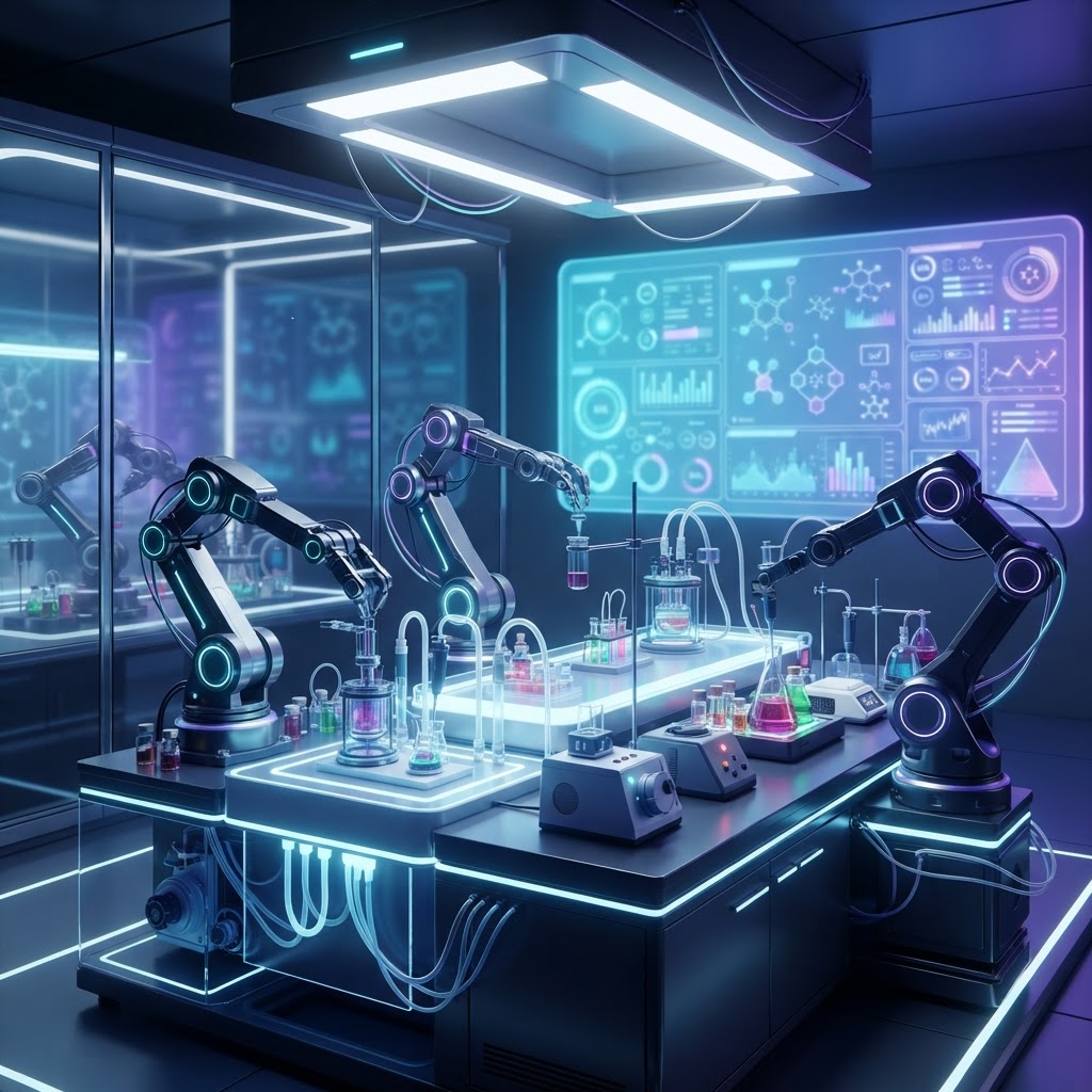 Vollautomatisiertes Nasslabor mit Roboterarmen zur KI-gesteuerten Wirkstoffsynthese