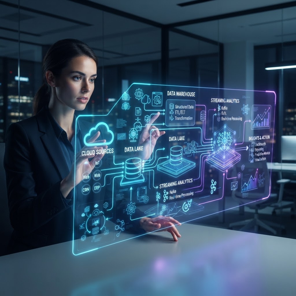 Holografische Darstellung einer Cloud-Data-Warehouse-Architektur für KI-Modelle