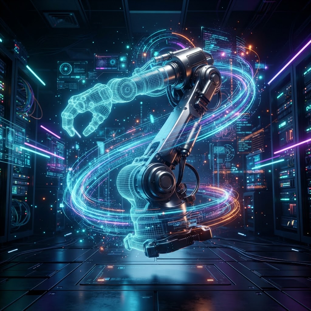 Futuristische Darstellung eines digitalen Zwillings in Form eines leuchtenden Roboterarms, der aus Datenströmen generiert wird.