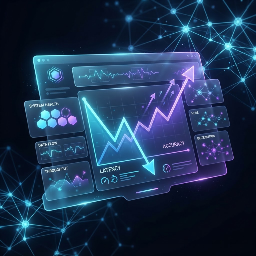 Performance-Dashboard, das massiv sinkende Latenzen und steigende Genauigkeit durch das Fine-Tuning eigener KI-Modelle visualisiert.