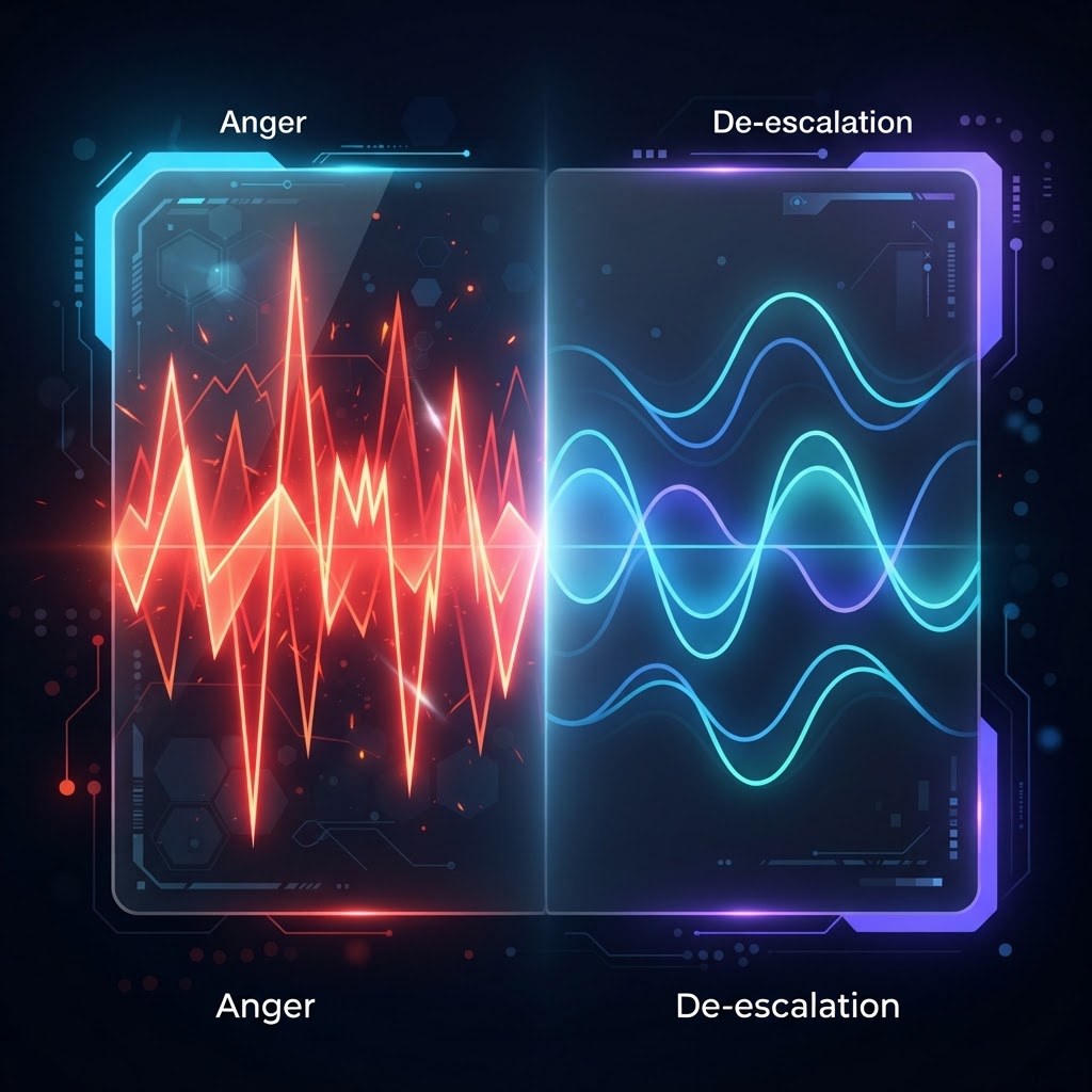Abstrakte Visualisierung von chaotischen roten Schallwellen, die durch KI in harmonische blaue Wellen transformiert werden.