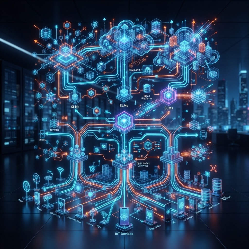 Technisches Architekturdiagramm mit Datenströmen zwischen Edge-Geräten, SLMs und Cloud-APIs
