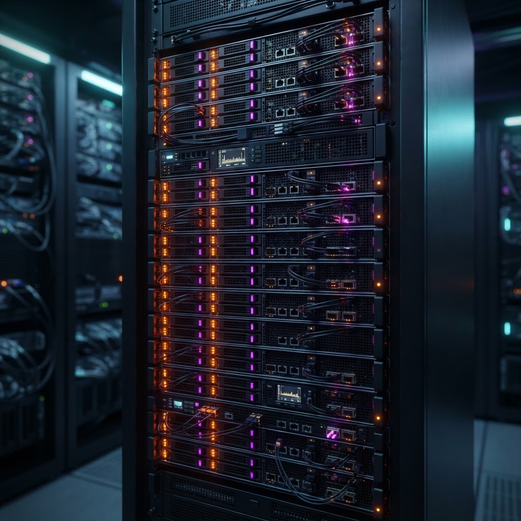 Beleuchtete Server-Racks, die die massive GPU-Rechenleistung für das Llama-4-Training darstellen