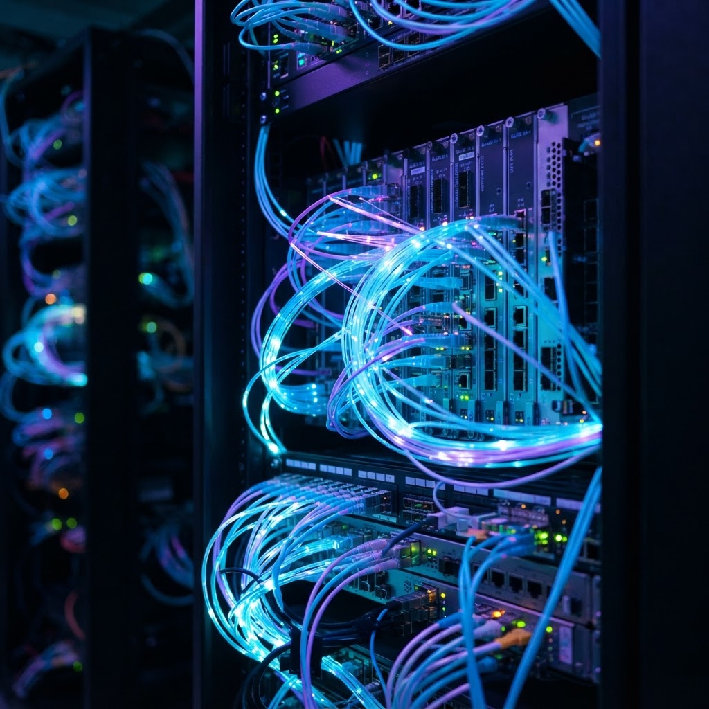 Glühende Glasfaserkabel und Server-Racks für Echtzeit-Datenverarbeitung im E-Commerce
