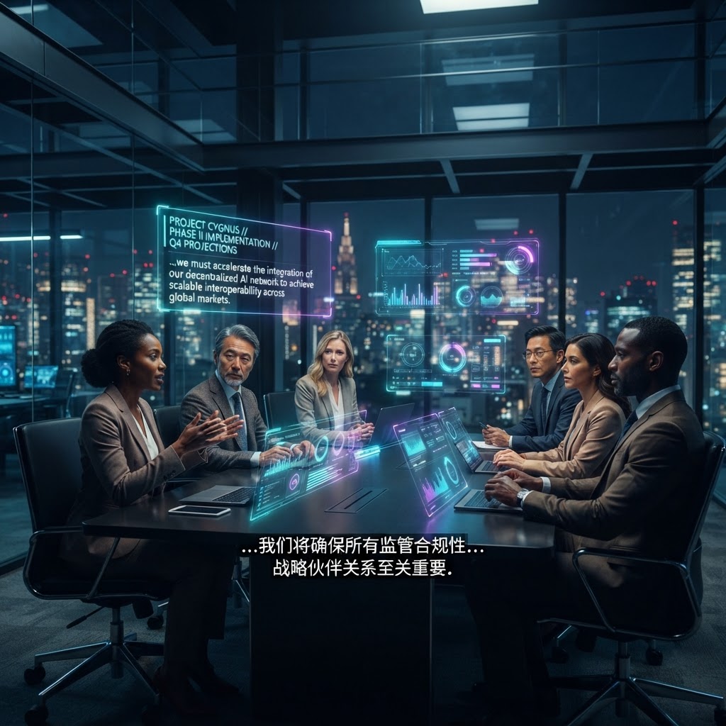 Globale Videokonferenz im Enterprise-Umfeld mit nahtlos integrierter, holographischer Echtzeit-Übersetzung.