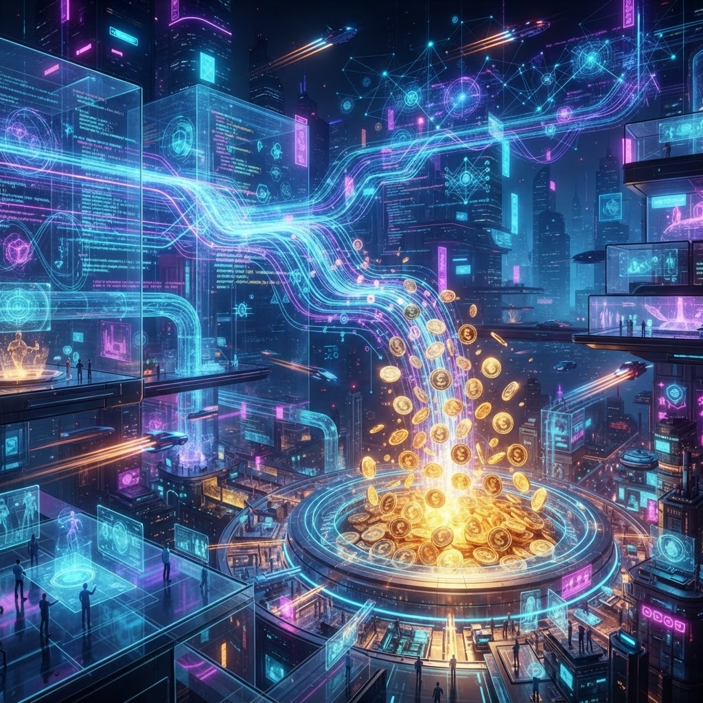 Futuristische Darstellung von digitalen Datenströmen, die sich in wirtschaftlichen Wert verwandeln