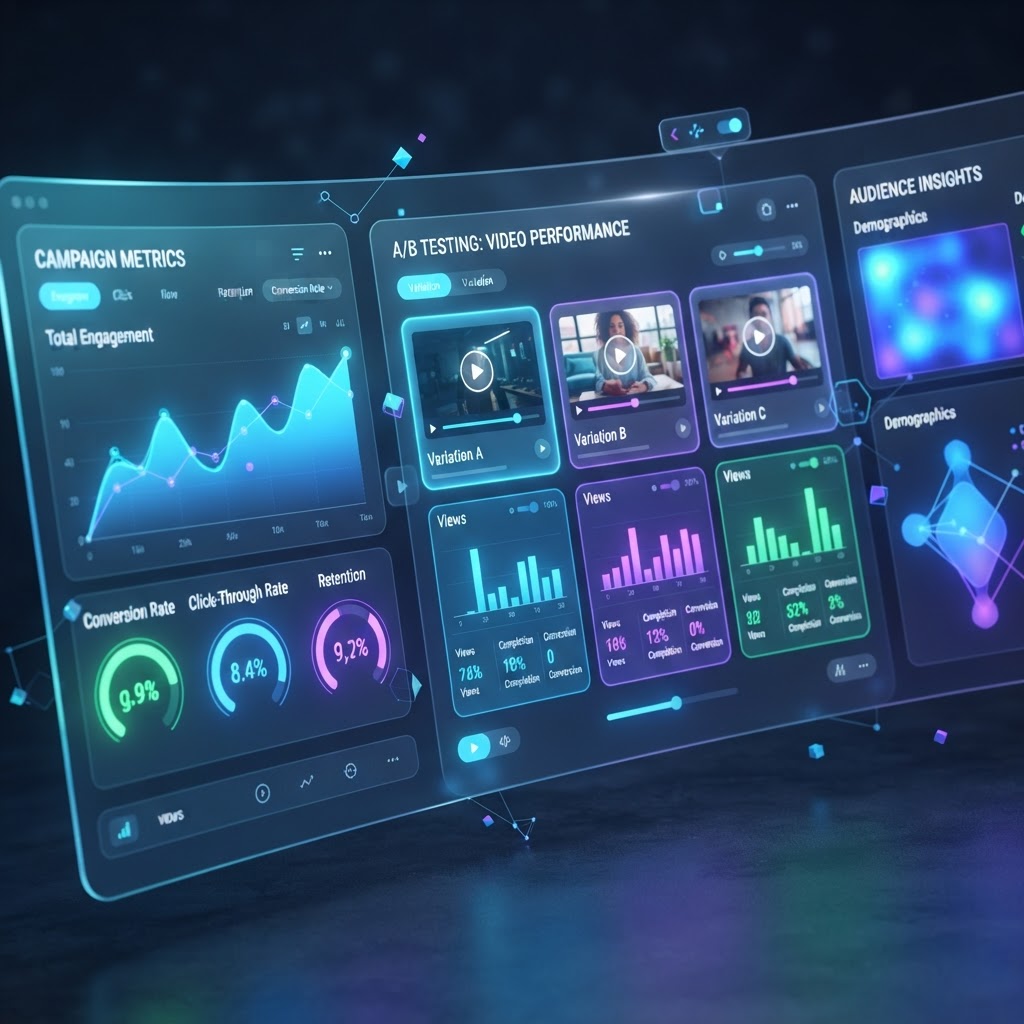 Modernes Dashboard zur Analyse von Konversionsraten und A/B-Tests KI-generierter Video-Ads