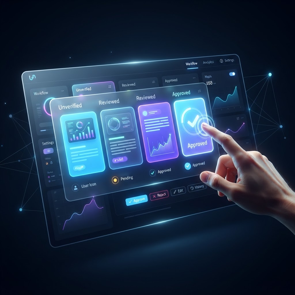 Modernes digitales Dashboard, das einen Human-in-the-Loop Freigabeprozess für KI-generierte Inhalte darstellt.