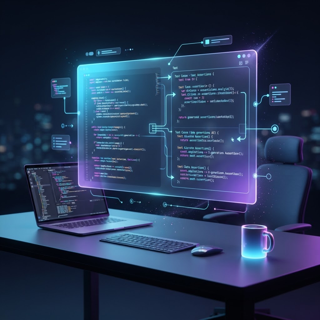 Holographische Entwicklerumgebung, die den Quellcode und KI-generierte Unit-Tests im direkten Vergleich zeigt.