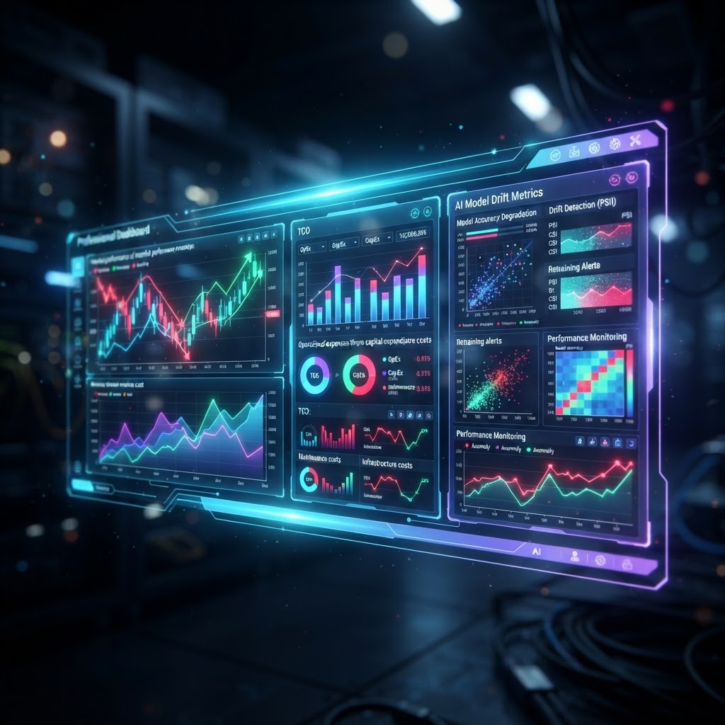 Futuristisches Dashboard zur TCO-Berechnung und Überwachung von KI-Modell-Kosten und Performance-Metriken im Enterprise-Umfeld.