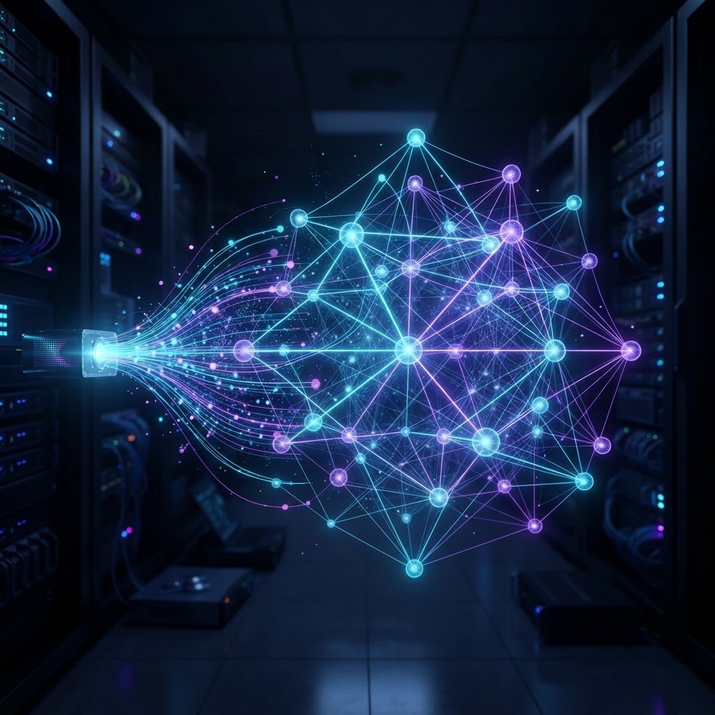 3D-Hologramm eines hybriden RAG-Systems, das Vektor-Embeddings und Wissensgraphen verbindet.