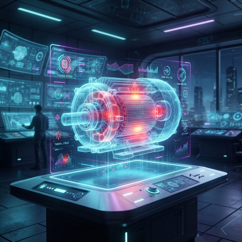 Holografischer Digitaler Zwilling eines Industriemotors zur Visualisierung von Verschleiß und Anomalien.