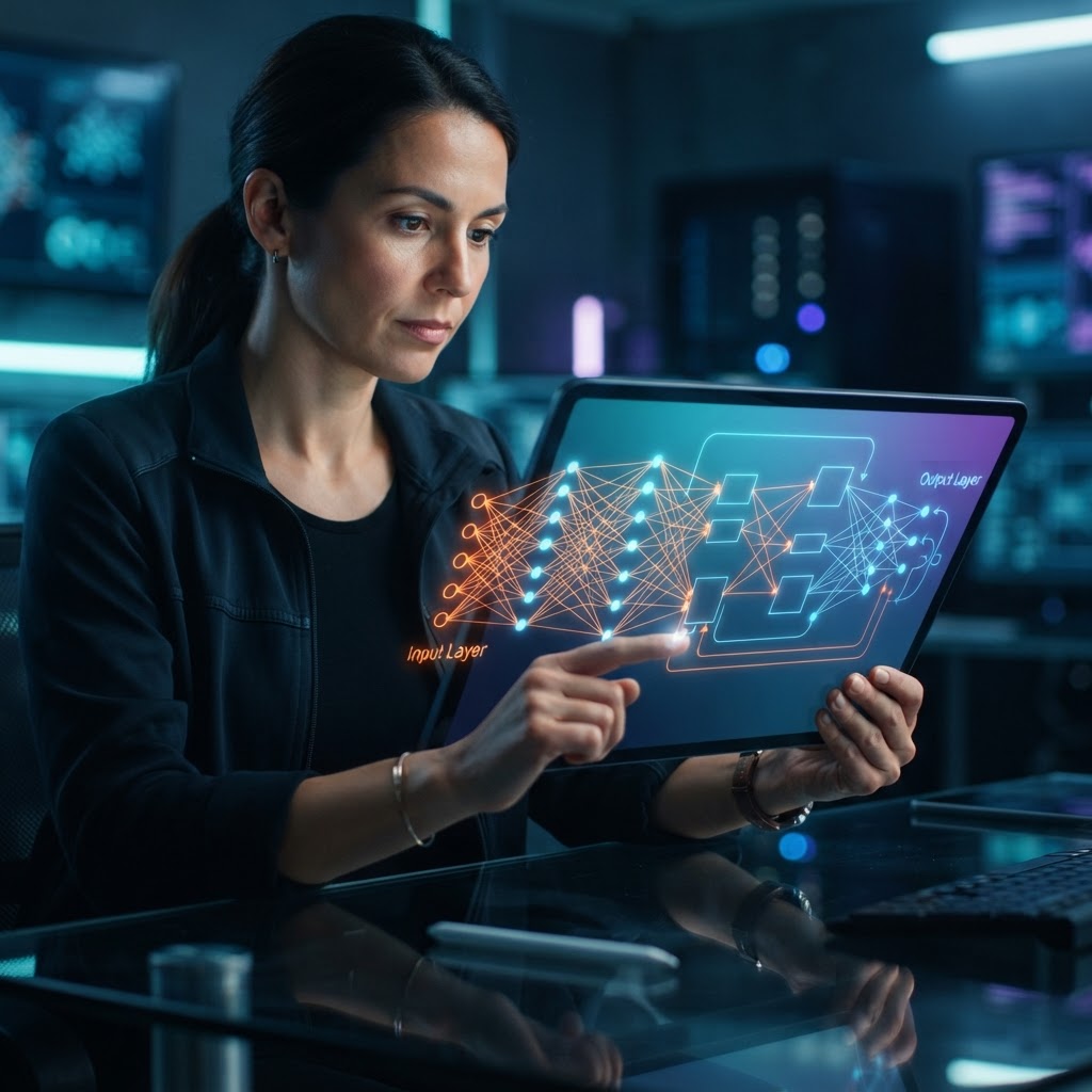 Software-Architekt betrachtet optimierte neuronale Netz-Architektur eines Small Language Models auf einem Tablet.