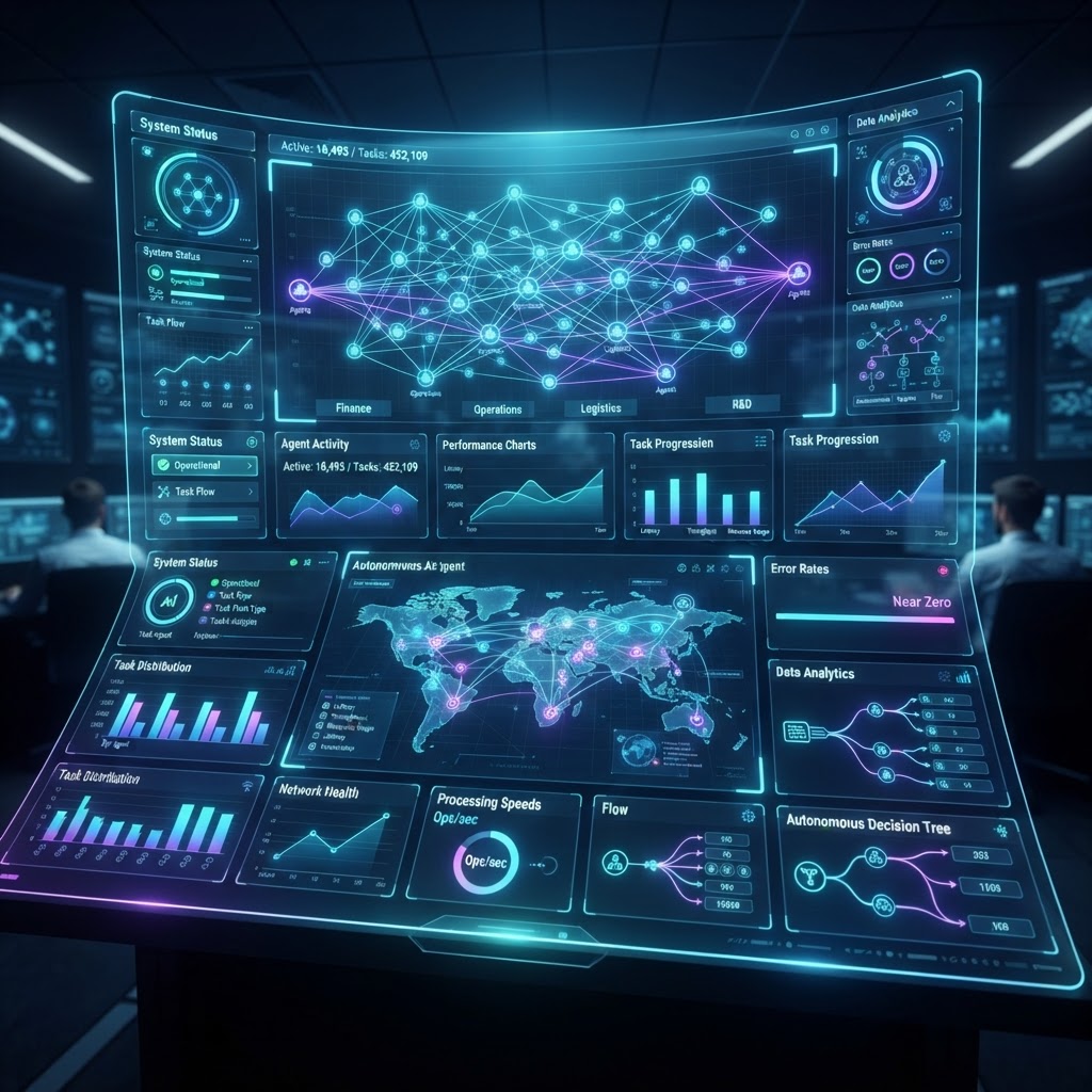 Dashboard zur Überwachung autonomer Multi-Agent-Systeme in Unternehmen.