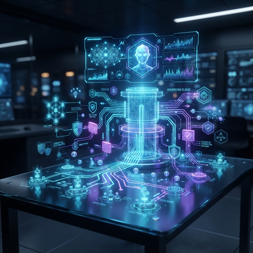 Holographisches Architekturdiagramm zur Veranschaulichung einer sicheren, souveränen KI-Datenmigration