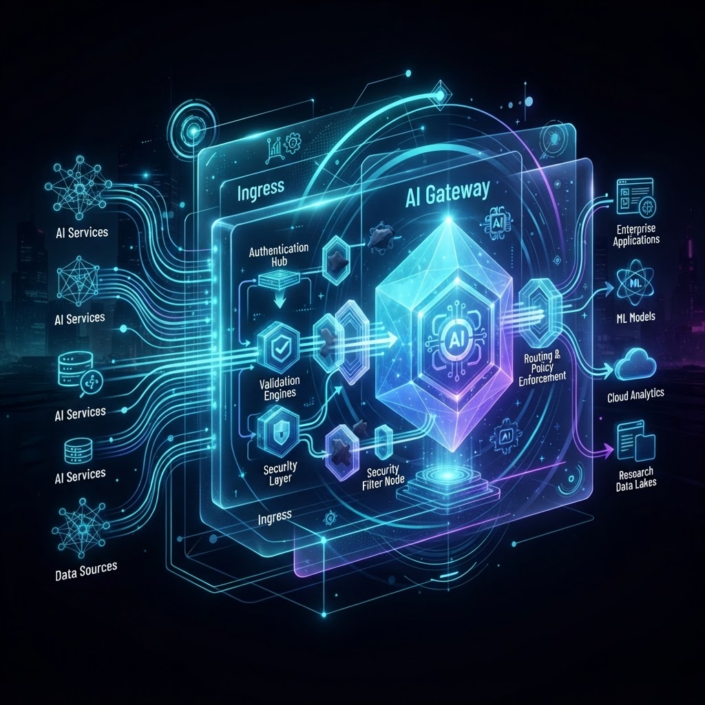Holografisches Architekturdiagramm eines Enterprise LLM-Gateways für sichere KI-Governance und Datenfluss-Kontrolle.