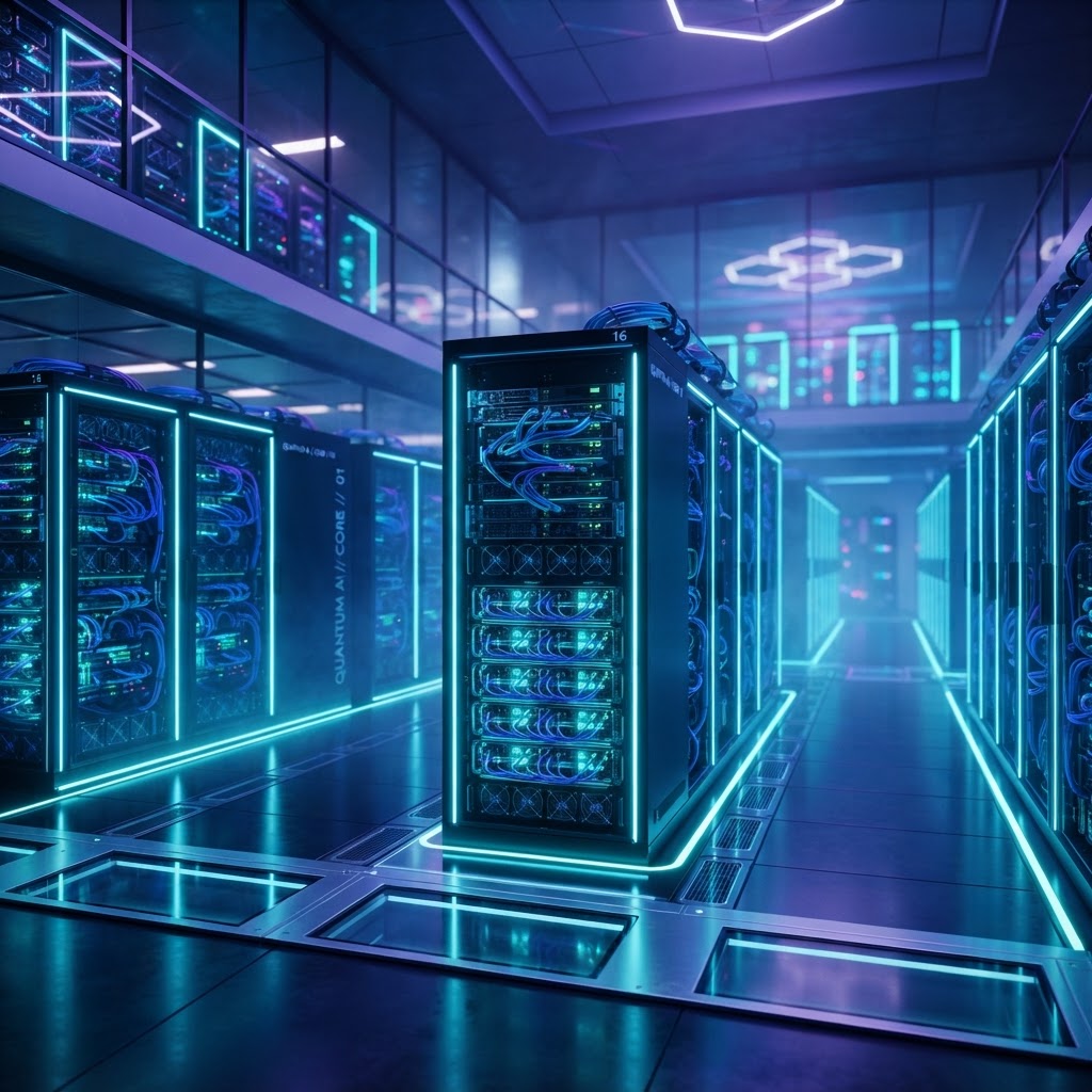 Hochmoderner Serverraum mit GPU-Clustern, essenziell für das Hosting großer Open-Source-Sprachmodelle.
