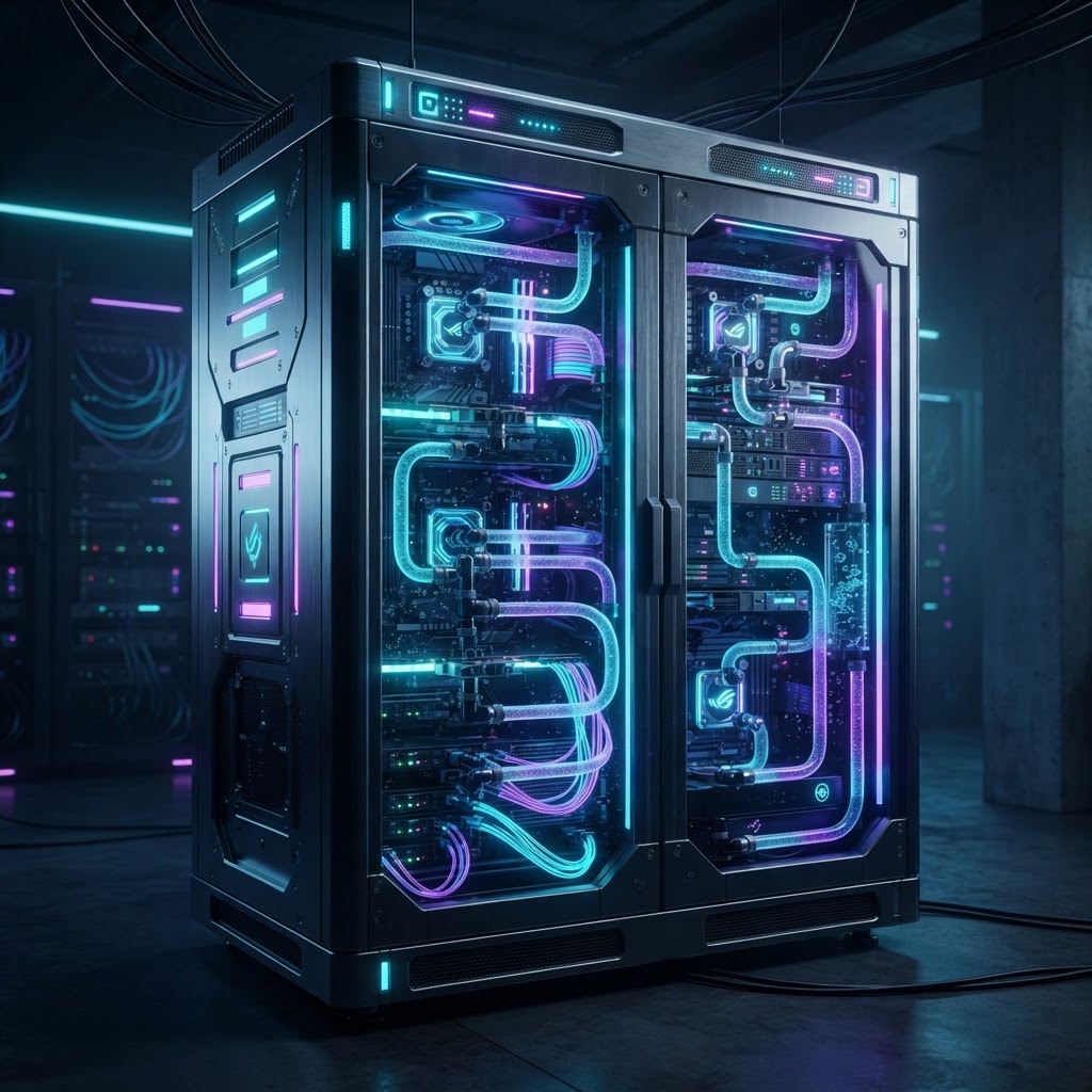 Modernes Edge AI Server-Rack mit integrierter Flüssigkeitskühlung für Hochleistungs-GPUs.