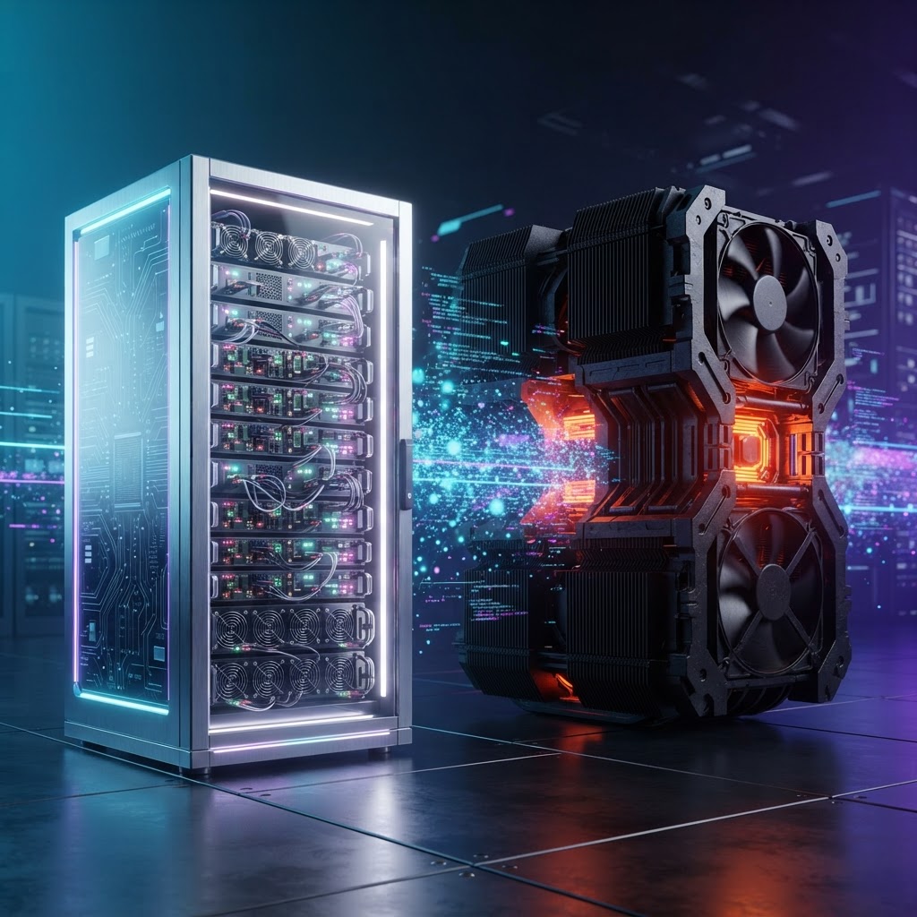 Vergleich von minimalistischem Custom-Silicon-Design und massiver Server-Infrastruktur für KI-Rechenzentren.