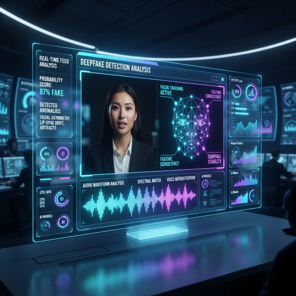Moderne Software-Oberfläche zur Erkennung von Deepfakes durch Analyse biometrischer Gesichtspunkte und Audiosignaturen.