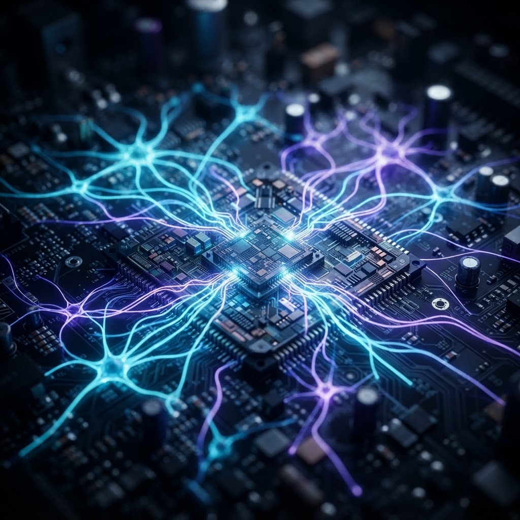 Makroaufnahme eines KI-Mikrochips mit neuronalen Verbindungen