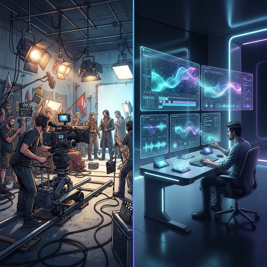 Vergleich zwischen einem traditionellen Filmset und einem modernen KI-Arbeitsplatz für die Videoproduktion.