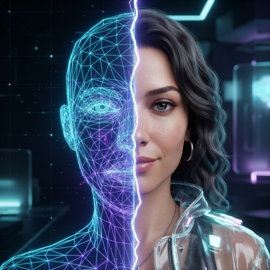 Transformation eines 3D-Wireframe-Modells zu einem fotorealistischen digitalen Influencer im Studio-Setup