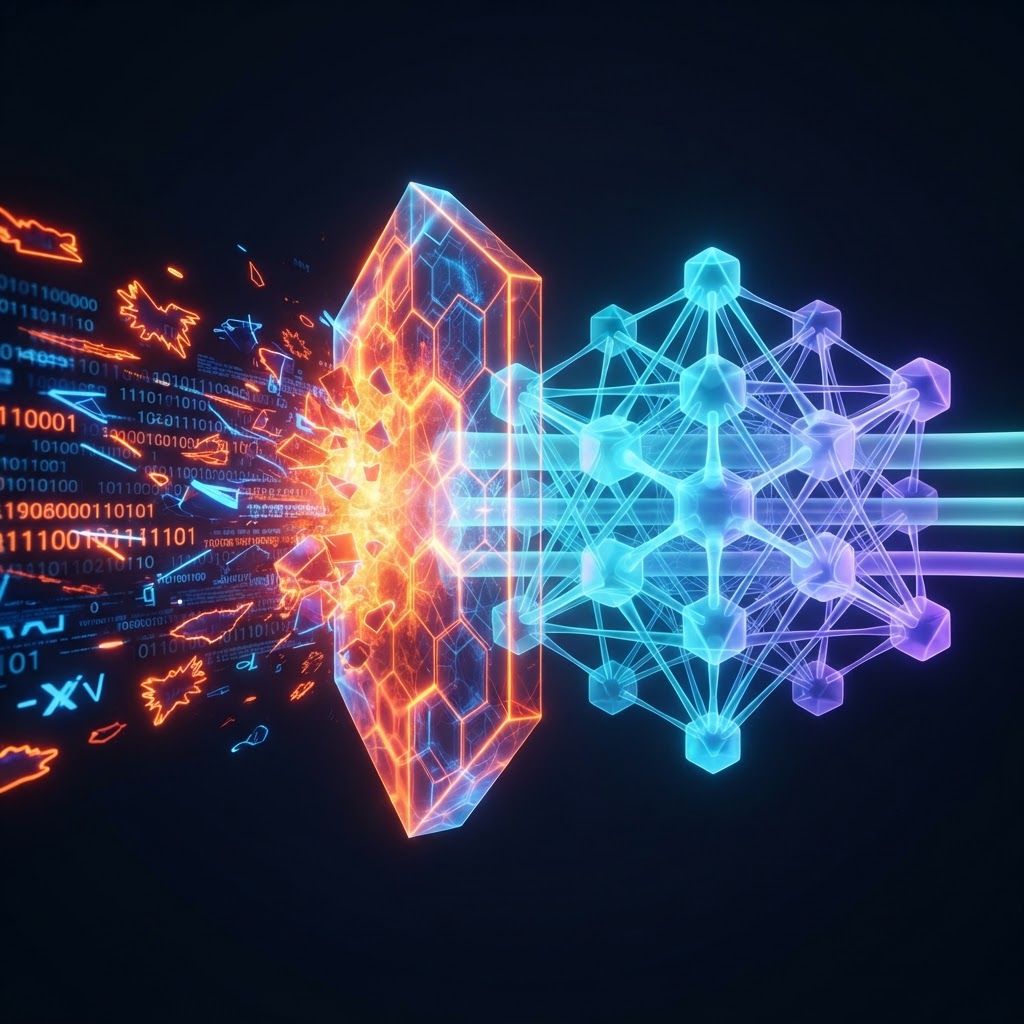Visualisierung einer KI-Firewall, die sensible Unternehmensdaten vor dem Abfluss in öffentliche Modelle schützt.