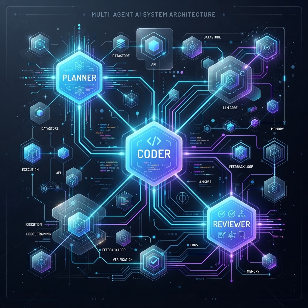 Architekturschaubild eines deterministischen Multi-Agenten-Systems mit Planner-, Coder- und Reviewer-Rollen.