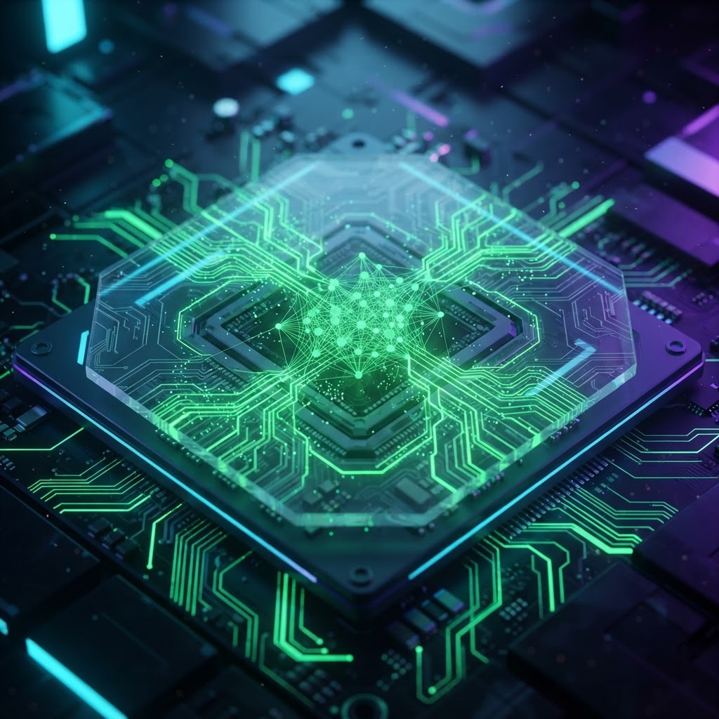 Makro-Darstellung eines Mikrochips mit grünen Pfaden als Symbol für Modell-Quantisierung und KI-Effizienz