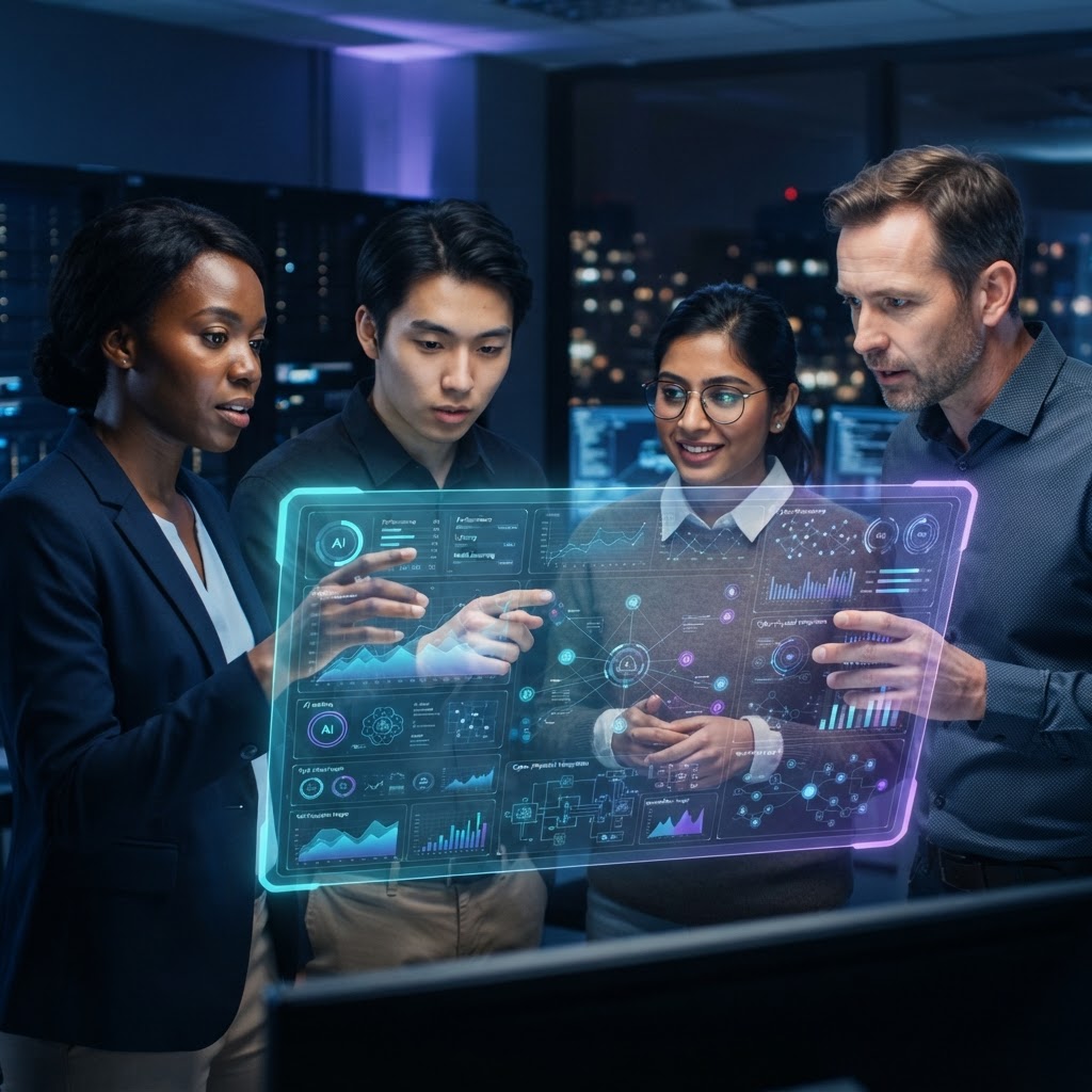 Ein Team von Experten analysiert gemeinsam KI-Daten-Metriken auf einem modernen Dashboard